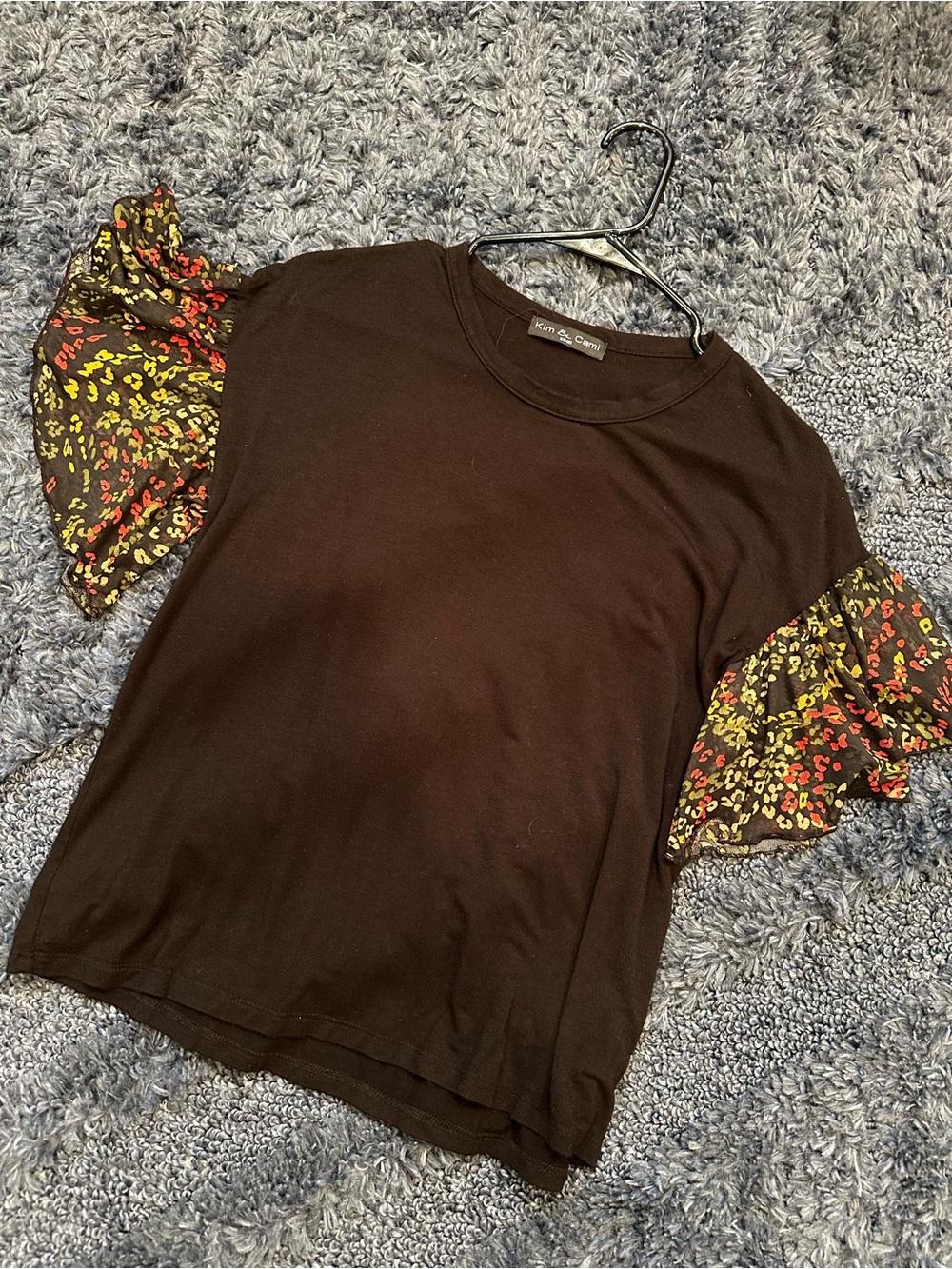Kim & Cami Black Tee with Floral Ruffle Sleeves